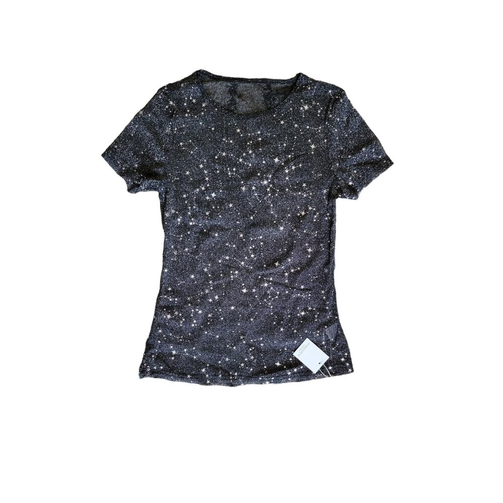 NWT Mangopop Black Sheer Mesh Shimmer Silver‎ Star Metallic Fitted Shirt Size XL